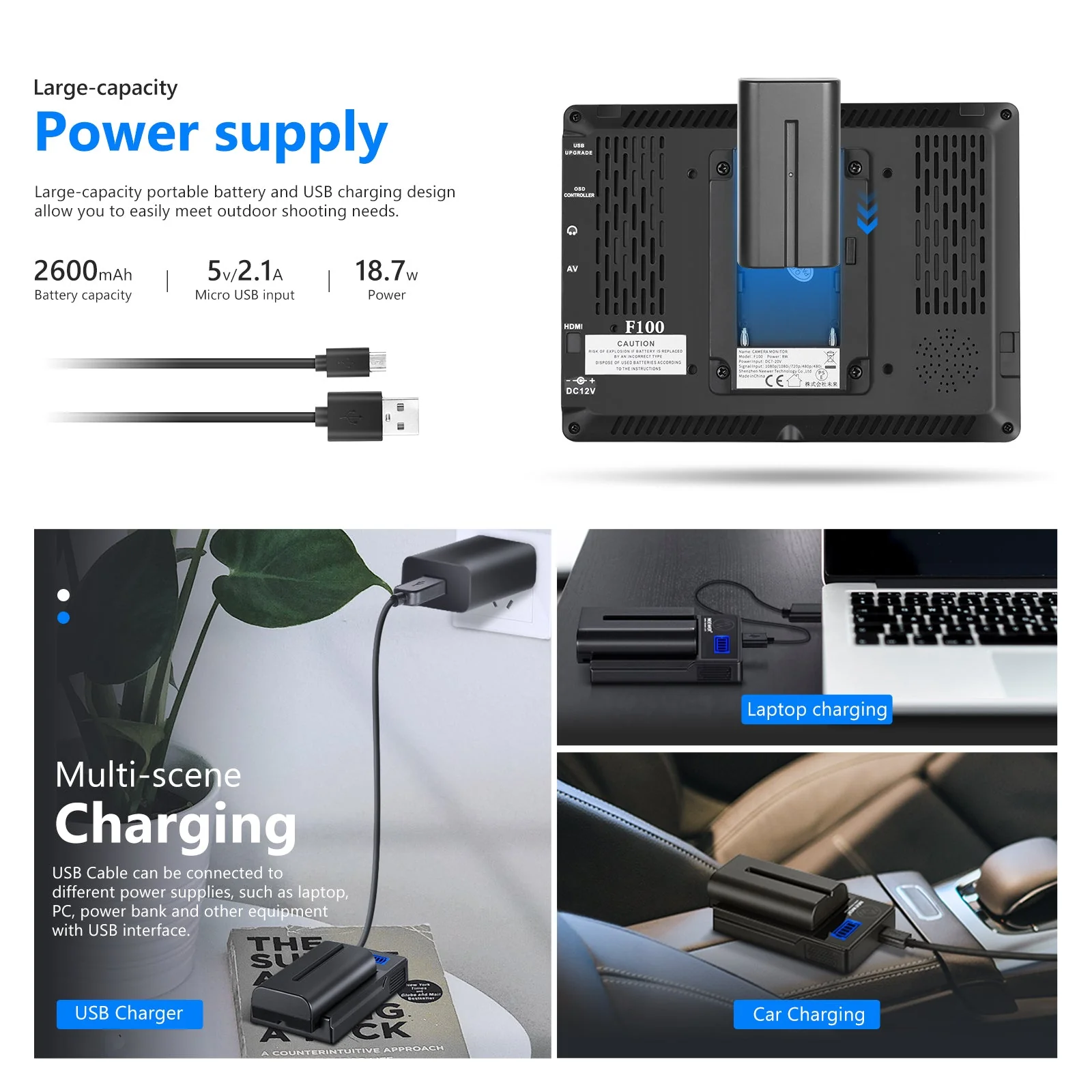 NEEWER F100 7 Inch HD Camera Field Monitor Kit With Battery & Charger - Image 4
