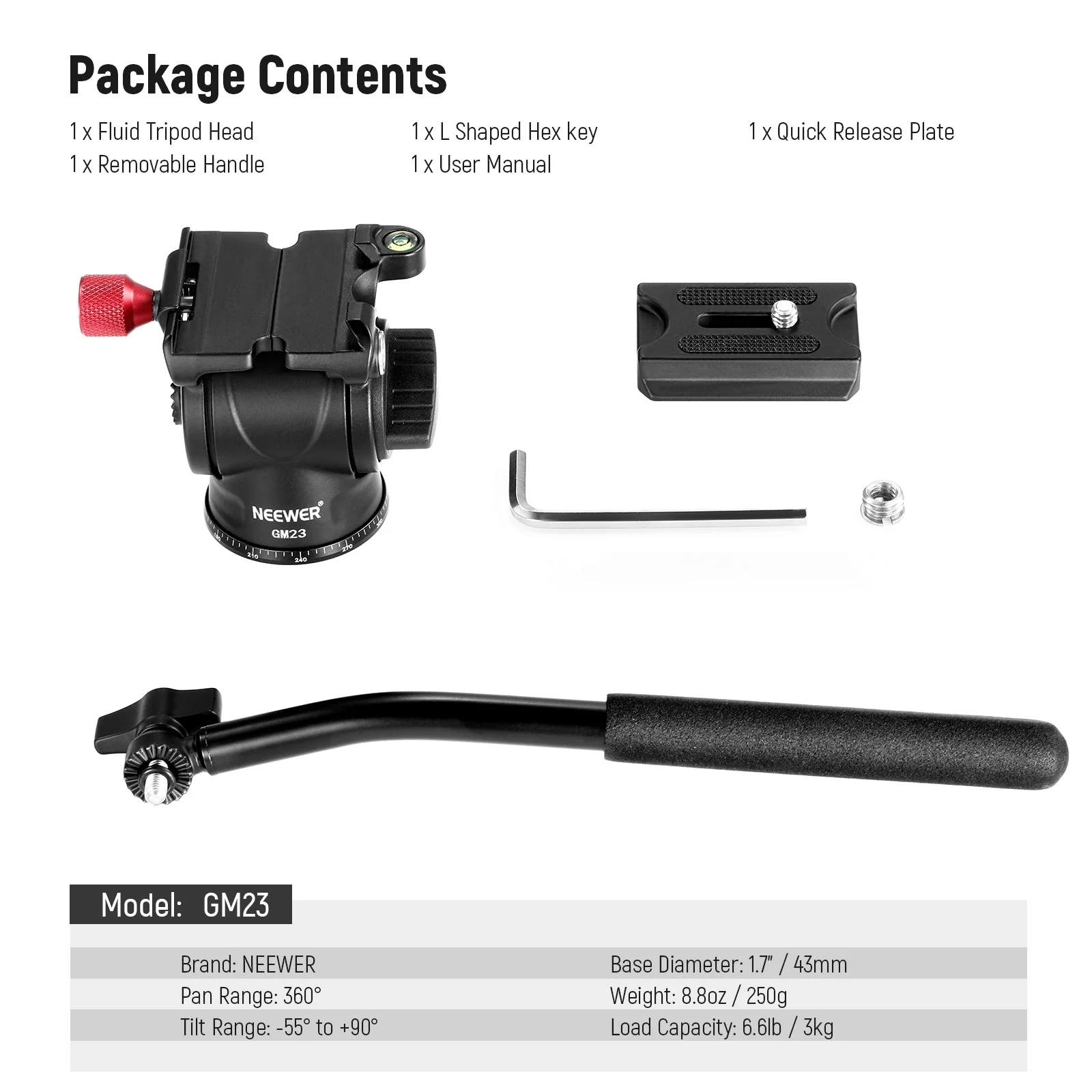 NEEWER GM23 Fluid Tripod Head with Handle & Arca Type Quick Release - Image 8