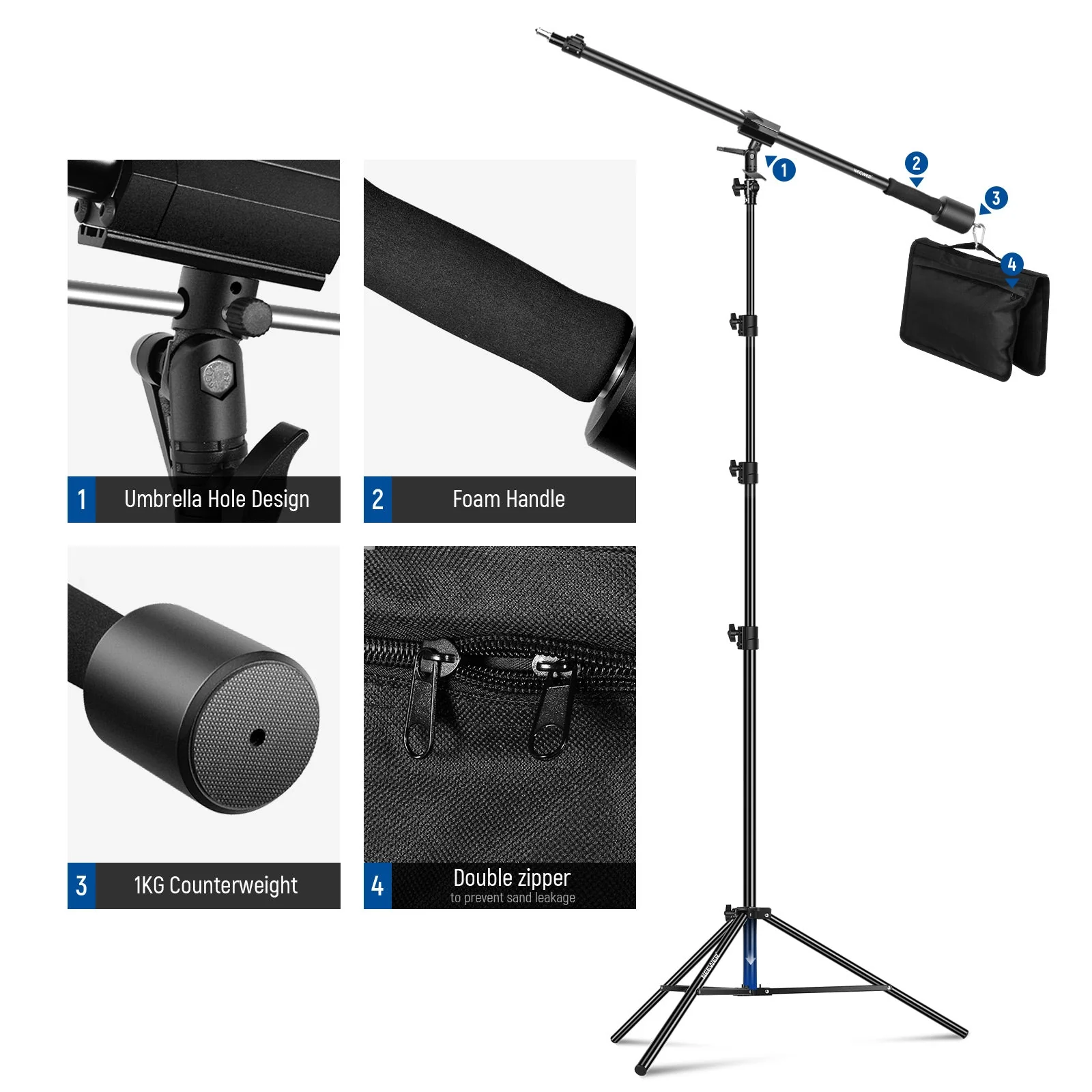 NEEWER 300cm Air Cushioned Light Stand With Boom Arm & Counterweight - Image 6