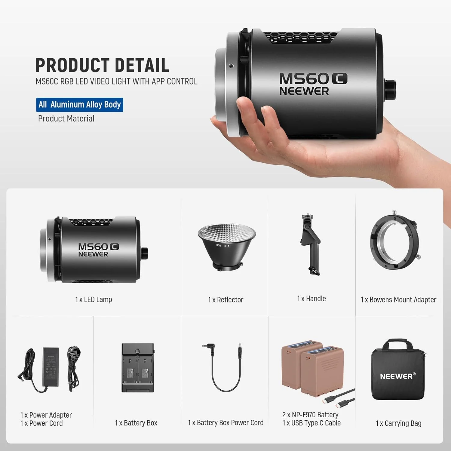NEEWER MS60C 65W RGBWW Portable LED Video Light Handheld Spotlight - Image 11