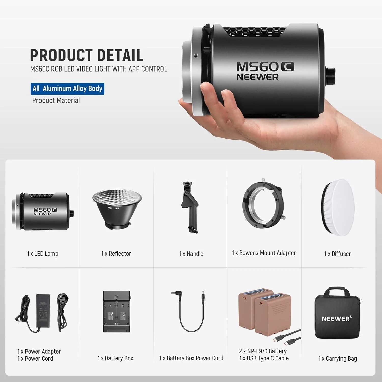 NEEWER MS60C 65W RGBWW Portable LED Video Light Handheld Spotlight - Image 13