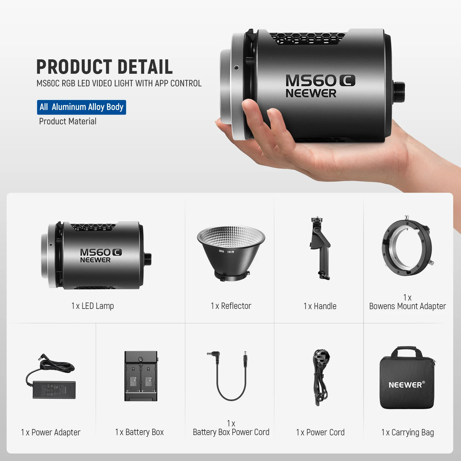 NEEWER MS60C 65W RGBWW Portable LED Video Light Handheld Spotlight - Image 9