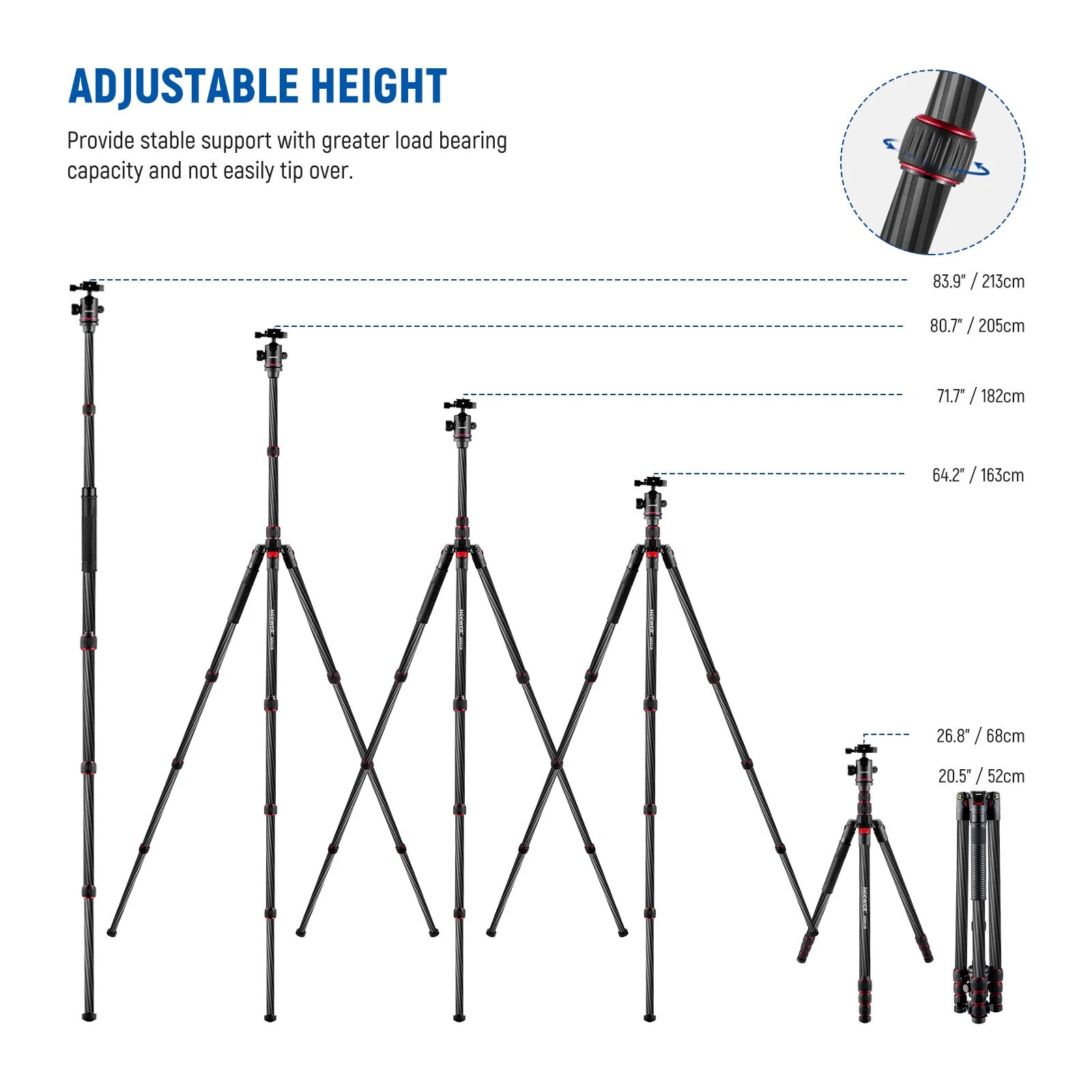 NEEWER Upgraded N55CR 80.7” Carbon Fiber Travel Tripod with 2 Section Center Axes - Image 3