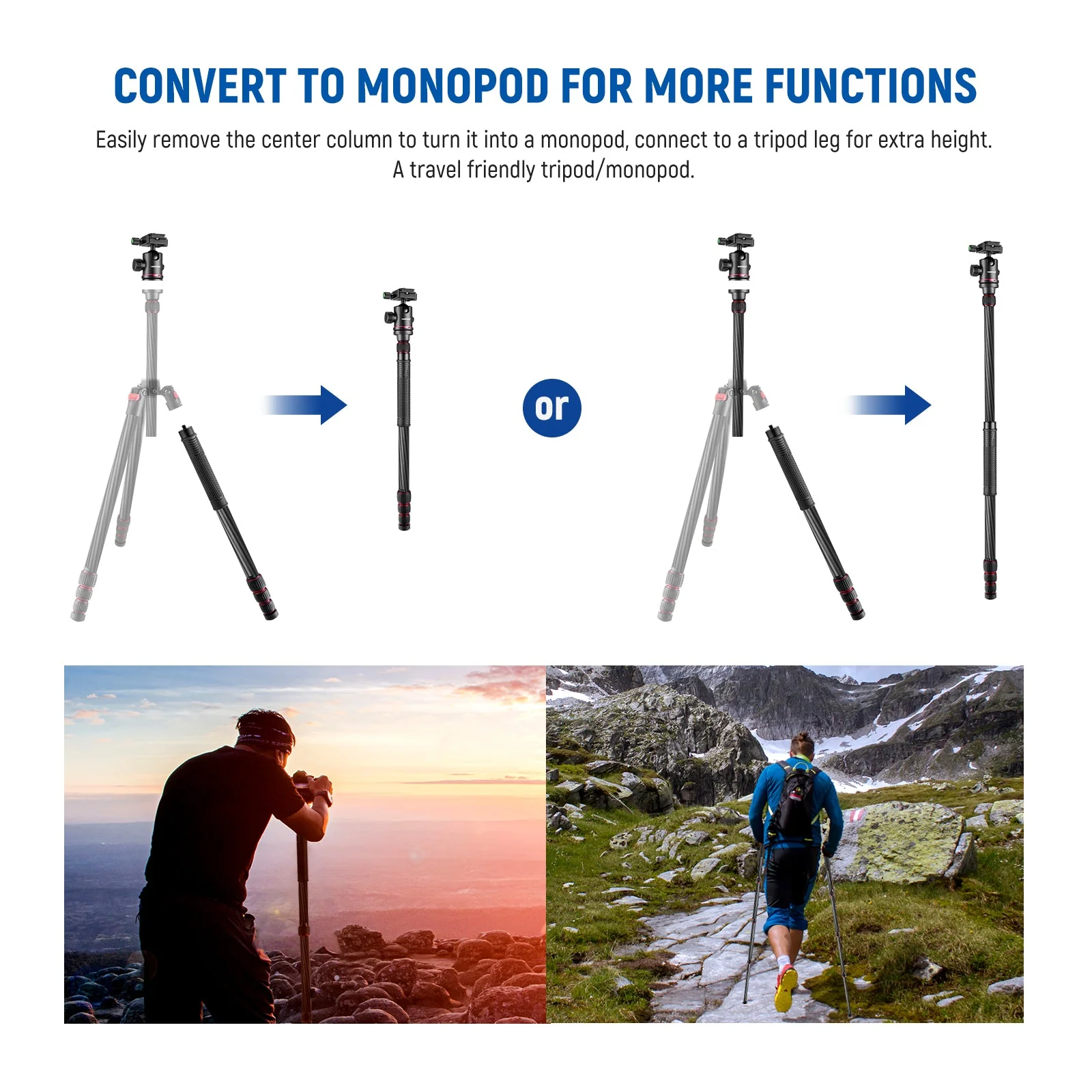 NEEWER Upgraded N55CR 80.7” Carbon Fiber Travel Tripod with 2 Section Center Axes - Image 6