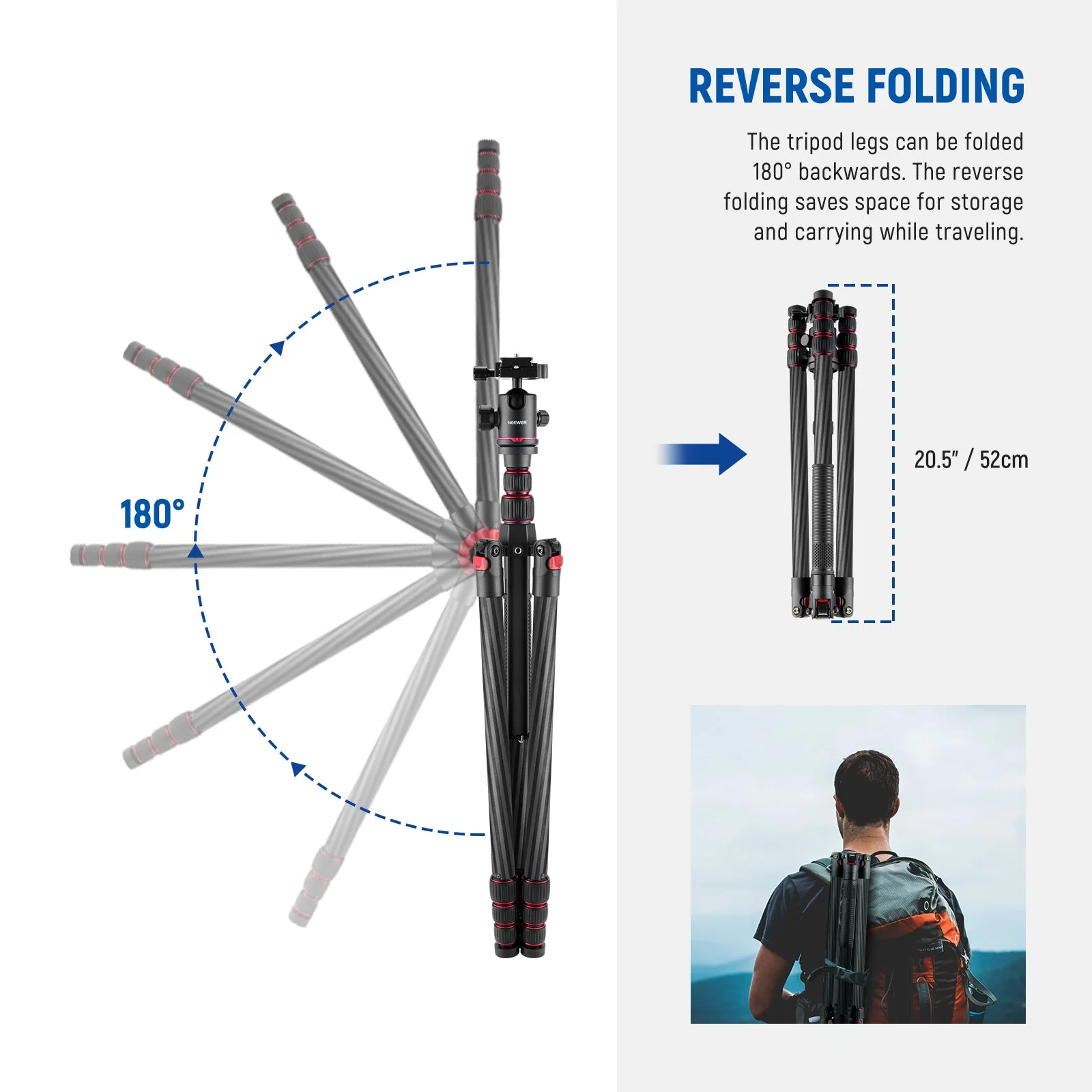 NEEWER Upgraded N55CR 80.7” Carbon Fiber Travel Tripod with 2 Section Center Axes - Image 7