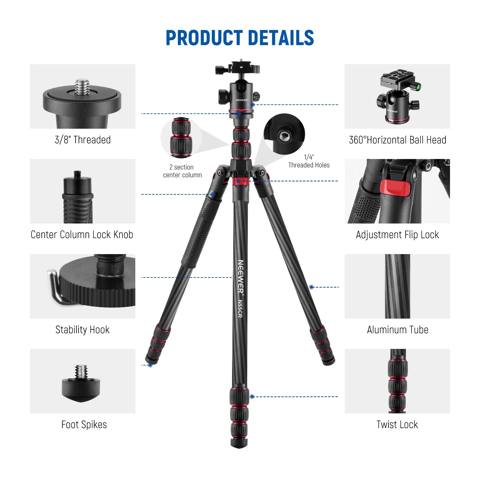NEEWER Upgraded N55CR 80.7” Carbon Fiber Travel Tripod with 2 Section Center Axes - Image 9