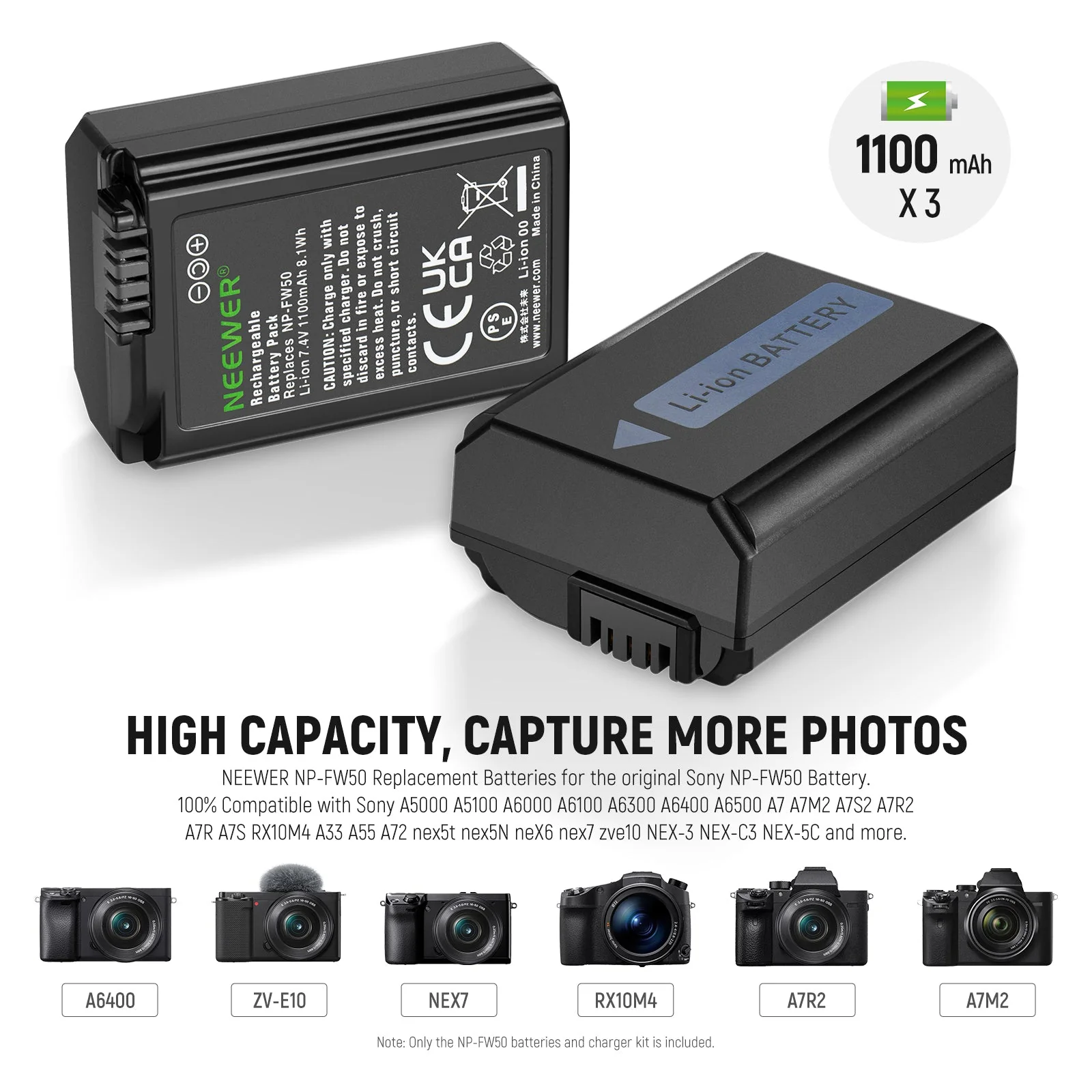 NEEWER 3 Pack Replacement Battery and Charger Set for Sony NP-FW50 - Image 5