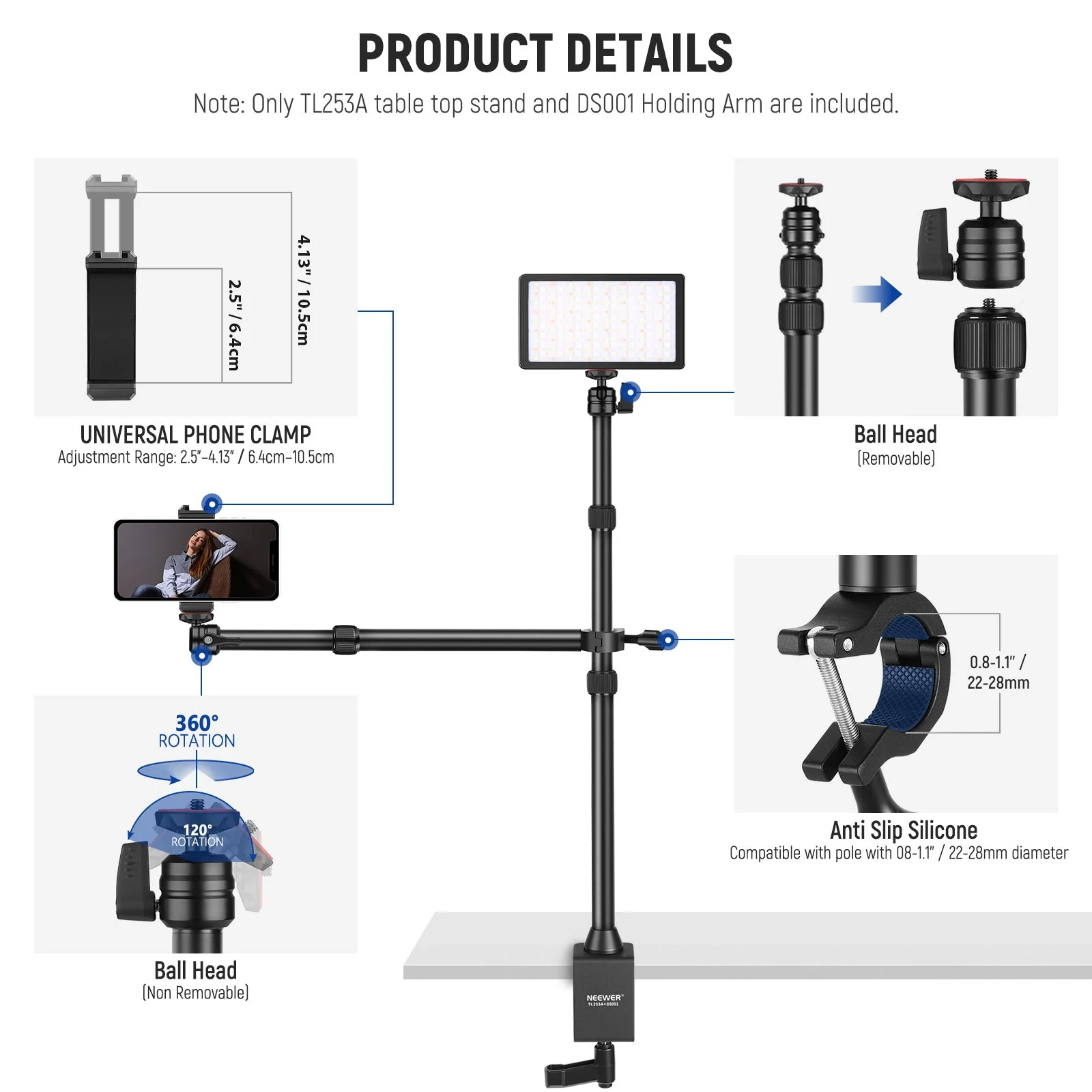 NEEWER TL253A+DS001 Tabletop Overhead Camera Mount Stand - Image 6