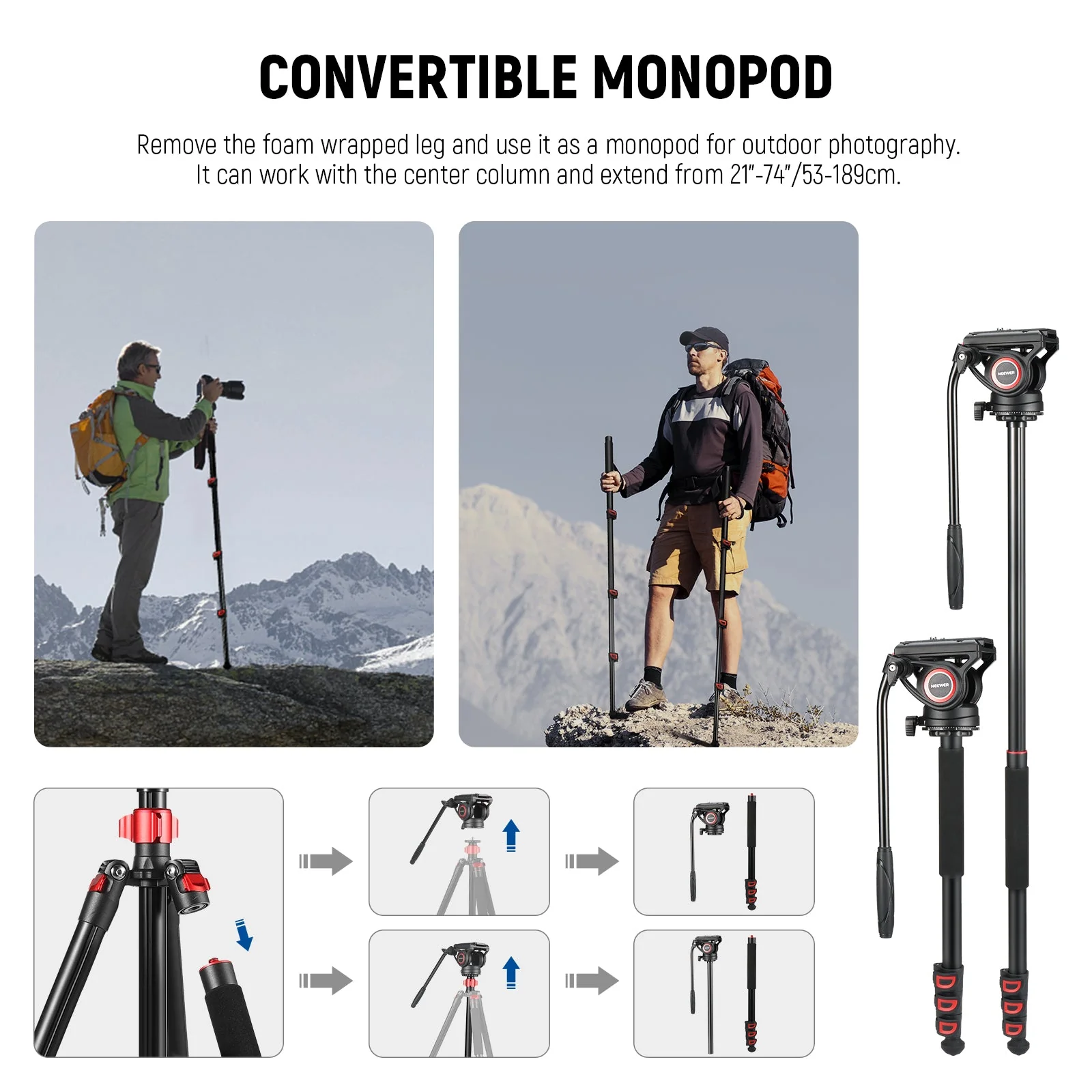 NEEWER TP72A 72" Aluminum Alloy Video Tripod Monopod with Fluid Head - Image 5