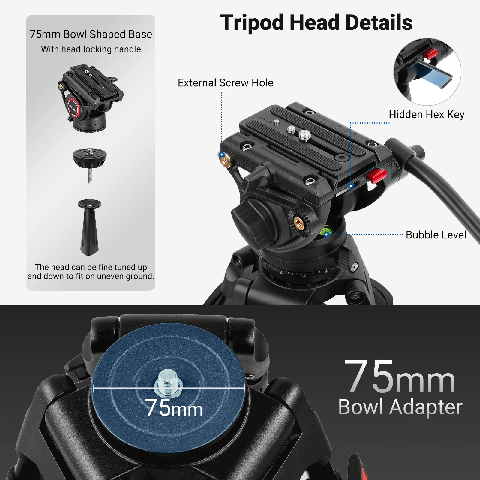 NEEWER TP74 74" Pro Heavy Duty Aluminum Video Tripod with 2 QR Modes - Image 7