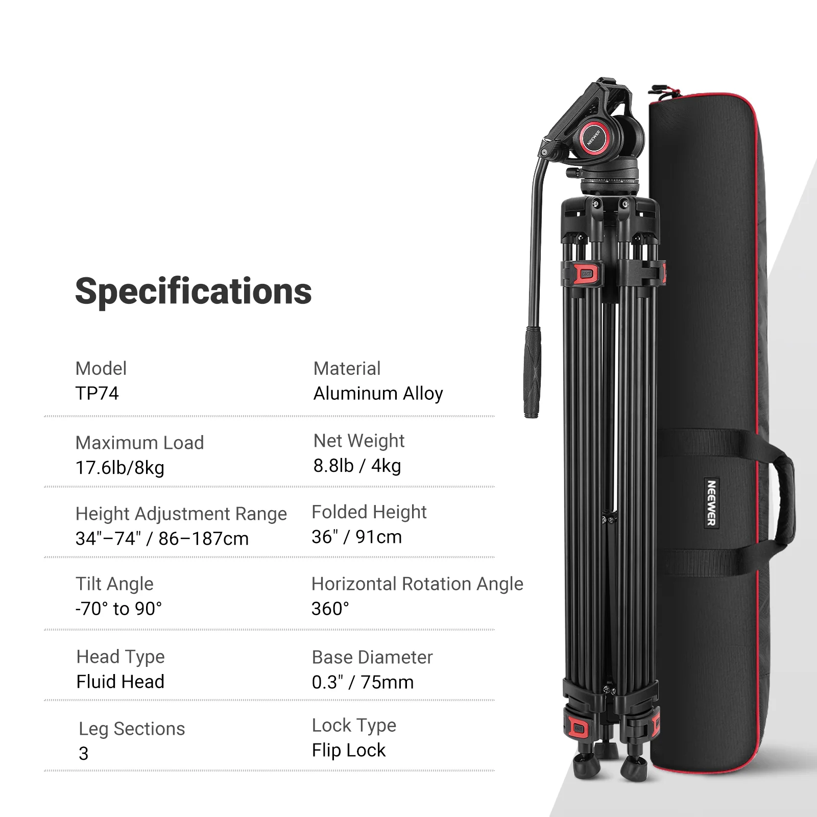 NEEWER TP74 74" Pro Heavy Duty Aluminum Video Tripod with 2 QR Modes - Image 8