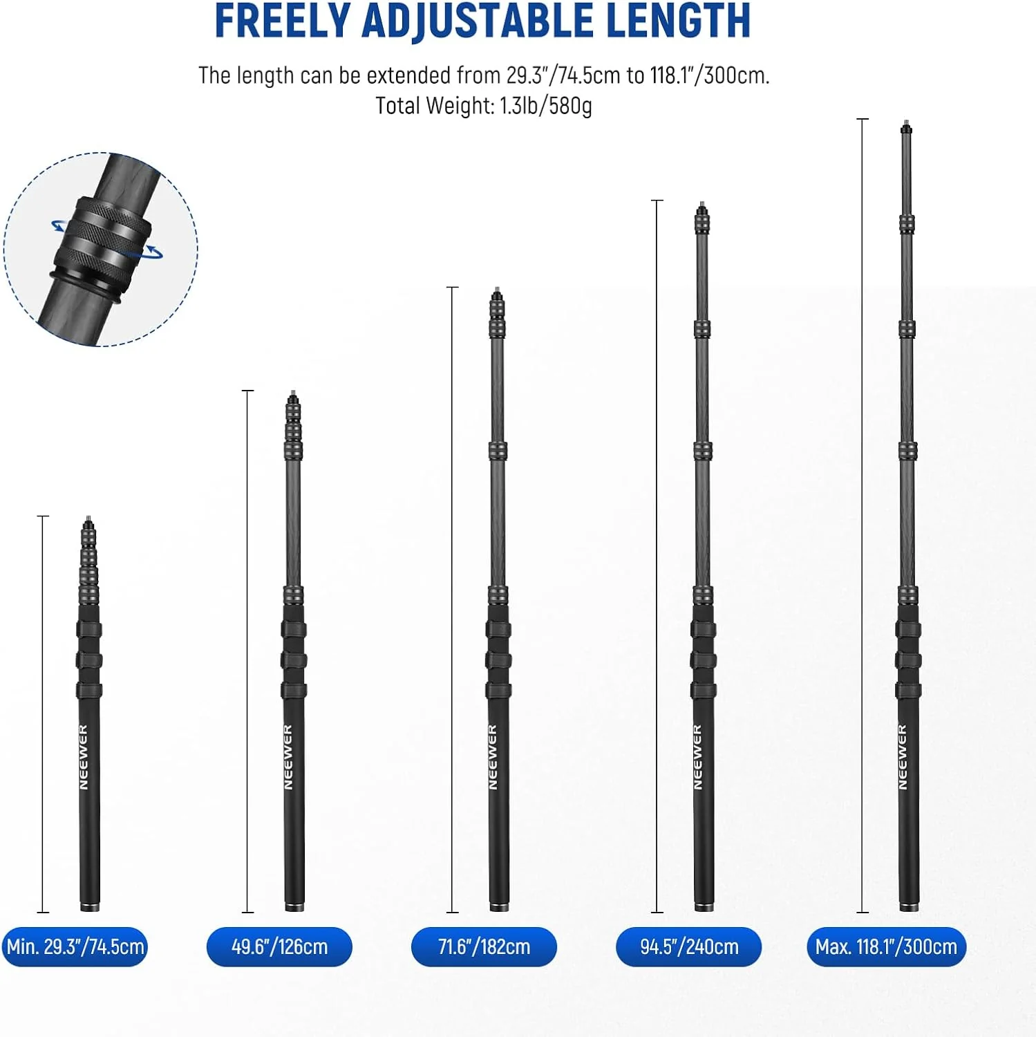 NEEWER Upgraded 9.8ft/300cm Carbon Fiber Telescopic Microphone Boom Pole - Image 10