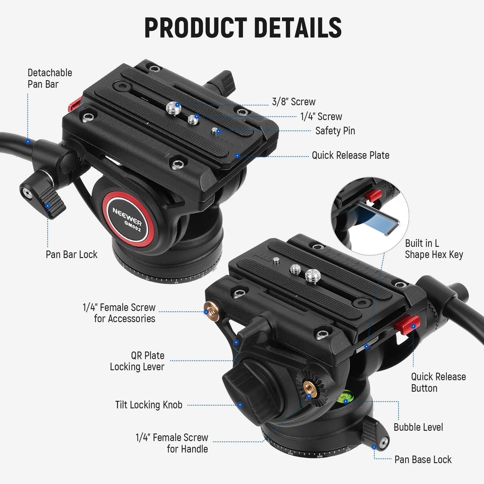 NEEWER GM002 Heavy Duty Video Tripod Fluid Head with 2 QR Modes - Image 8